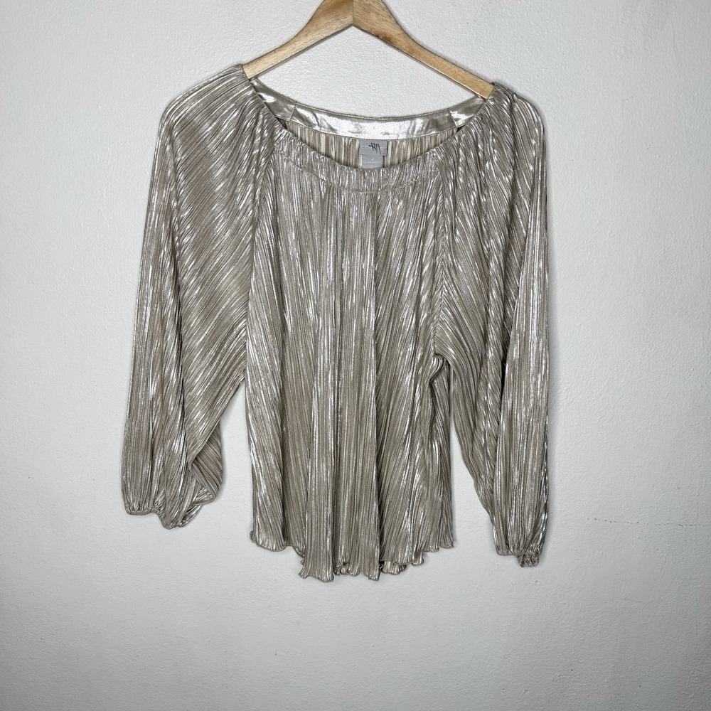 Chicos Gold Metallic Pleated Long Sleeve Shirt Top Size 2 Womens US Large Blouse